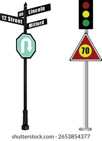 
Polo de tráfego realista com u sinal de curva, limite de velocidade e ilustração de vetor de design de semáforo.
