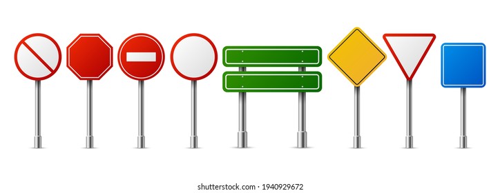 Realistic traffic road signs. Empty highway speed street metal sign collection, danger red circle forbidden and warning symbols, blank signboard template, vector isolated set