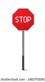 Realistic traffic sign on metal column. Stop symbol