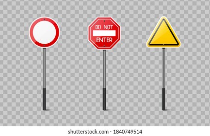 Realistic Traffic Sign On Metal Column. Stop, Caution, Warning Symbol