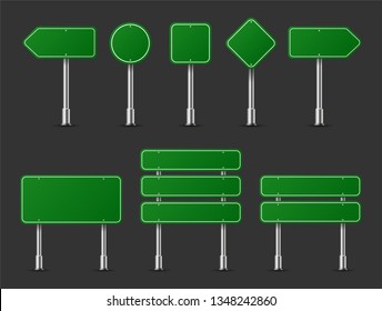 Realistic traffic signs on metal steel pole isolated. Diffrent green road panels mockup - direction highway, board text, city location, street arrows, stop, danger, warning signage. Vector