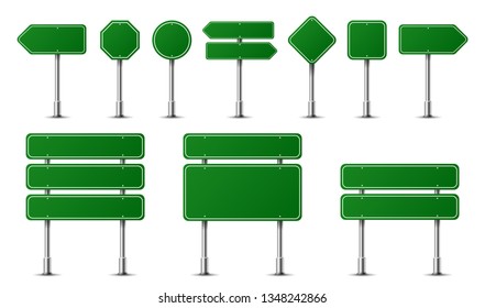 Realistic traffic signs on metal steel pole isolated. Diffrent green road panels mockup - direction highway, board text, city location, street arrows, stop, danger, warning signage. Vector