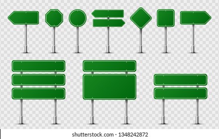 Realistic traffic signs on metal steel pole isolated. Diffrent green road panels mockup - direction highway, board text, city location, street arrows, stop, danger, warning signage. Vector