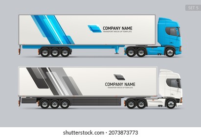 Realistic Trailer Truck side view Mockup set with abstract blue graphics for brand identity design. Logistics Cargo Transport mock-ups layout for Branding and Corporate identity design