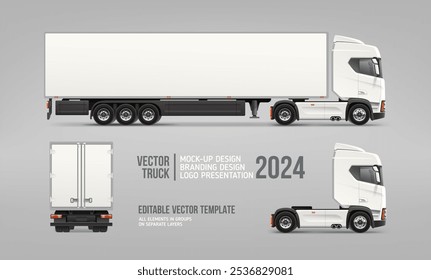 Realistic Trailer Truck Side view and rear blank mockup. Back view cargo Truck with space for text or your branding design - editable vector template