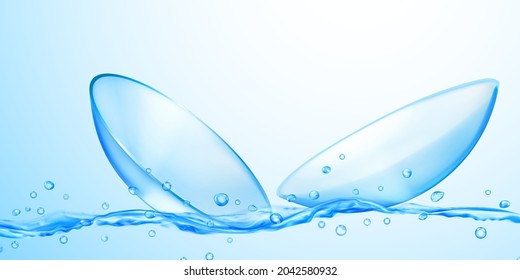 Realistic translucent contact lenses in light blue color with water flow, splash and drops