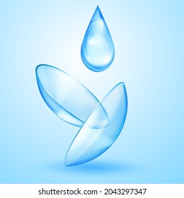 Realistic translucent contact lenses in light blue color and one big water drop