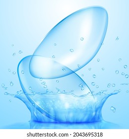 Realistic translucent contact lenses in light blue color in water crown and drops