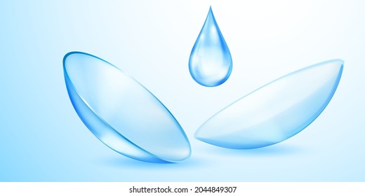 Realistic translucent contact lenses in light blue color and one big water drop