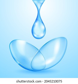 Realistic translucent contact lenses in light blue color and one big water drop