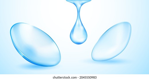 Realistische, transparente Kontaktlinsen in hellblauer Farbe und ein großer Wassertropfen