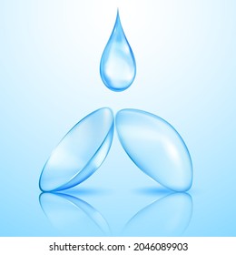 Realistic translucent contact lenses in light blue color and one big water drop