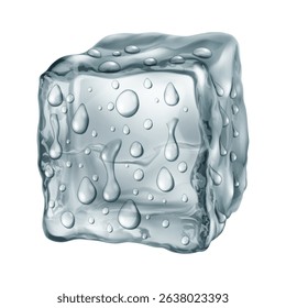 Realistic translucent ice cube in gray colors with water drops on its surface, isolated on a white background. Transparency only in vector format.
