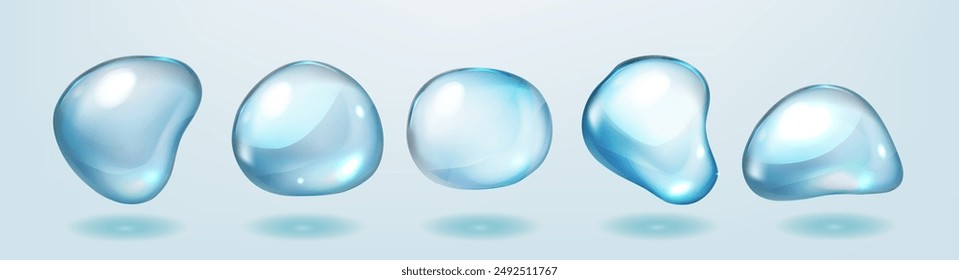 Realistic translucent water drop set with shadows isolated on soft blue background. Hyaluronic acid, cosmetic gel, moisturising essence template