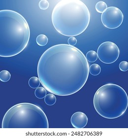 Realistische transparente 3D-Blasen unter Wasser. Seifenblasen-Vektorillustration