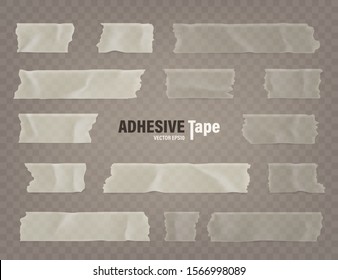 Realistic transparent adhesive tape set. Sticky scotch, duct paper strips on checkered background. Vector illustration.