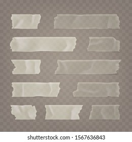 Realistic transparent adhesive tape set. Sticky scotch, duct paper strips on checkered background. Vector illustration.