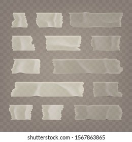 Realistic transparent adhesive tape set. Sticky scotch, duct paper strips on checkered background. Vector illustration.