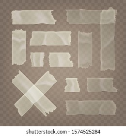 Realistic transparent adhesive tape set. Sticky scotch, duct paper strips on checkered background. Vector illustration.