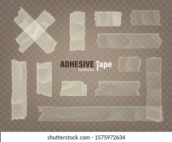 Realistic transparent adhesive tape set. Sticky scotch, duct paper strips on checkered background. Vector illustration.