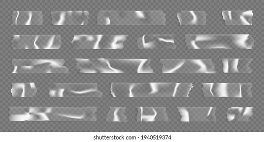 Realistic transparent adhesive tape. Sticky plastic strips collection. Glue scotch tape pieces. Vector illustration.