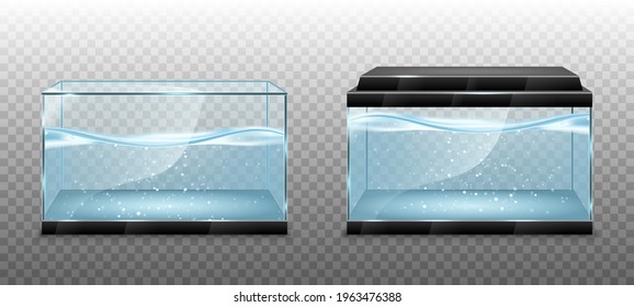 Realistic transparent aquarium with water inside. Vector illustration isolated on transparent background