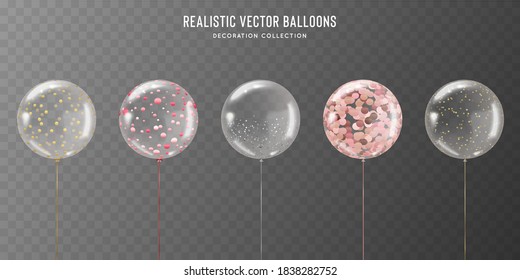Realistic transparent balloon set with golden, rose, pink and silver confetti inside. Vector balloons illustration for birthday, wedding, parties, celebrate festive. Design template
