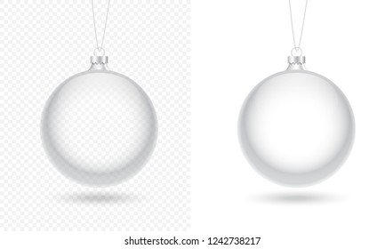 Realistic transparent baubles hang on white and png background.