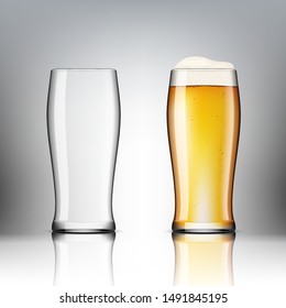 Realistic Transparent Beer Glasses. Empty And Full One. EPS10 Vector