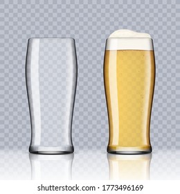 Realistic Transparent Beer Glasses. Empty And Full One. EPS10 Vector