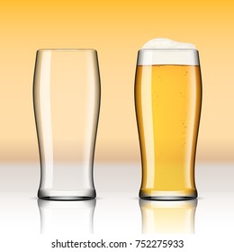 Realistic Transparent Beer Glasses. Empty And Full One. EPS10 Vector