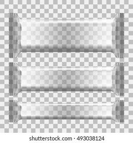 Realistic Transparent Blank Template Foil Packages For Food, Snack Chips, Candy Or Chocolate. Plastic Pack Set. EPS10 Vector