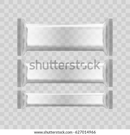 Realistic Transparent Blank Template Foil Packages For Food, Snack Chips, Candy Or Chocolate. Plastic Pack Set. EPS10 Vector