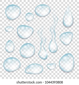 Realistic  transparent  blue drops of pure clear water isolated on a gray background. Vector  illustration.