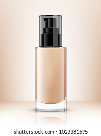 Realistic transparent bottle with pump for foundation cream. Vector illustration
