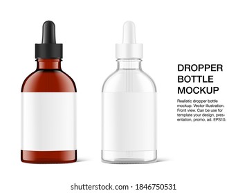 Realistic transparent and brown glass dropper bottle mockups. Vector illustration isolated on white background. Сan be used for cosmetic, medical and other needs. EPS10.	