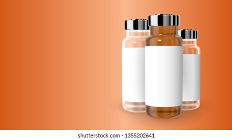 Realistic transparent brown medicine vial with white label. Vector ampule mockup. Banner with copy space. 