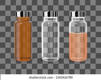 Realistic transparent brown and white empty medicine vial. Vector mockup.