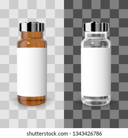 Realistic transparent brown and white medicine vial with label. Vector mockup.