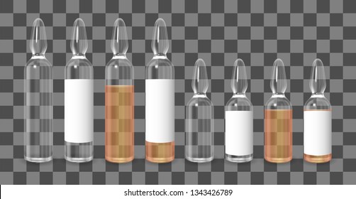 Realistic transparent brown and white medicine ampoule with label. Vector ampule mockup set.