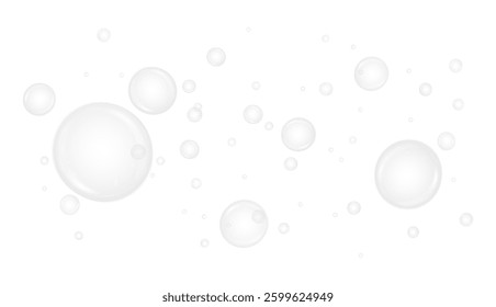 realistic transparent bubble icon set featuring glossy spheres, floating soap bubbles, and rainbow reflections. Perfect for decorative designs, water elements, and abstract visuals. Vector illustratio