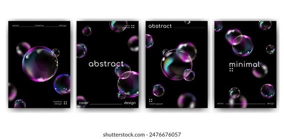 Realistic transparent bubbles creative posters set. 3d realistic iridescent bubble on black background cover, brochure