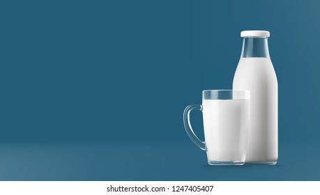 Realistic Transparent Clear Glass And Bottle Of Milk Isolated On Blue. EPS10 Vector