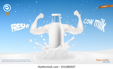 Realistic Transparent Clear Milk Bottle Advertising Template. EPS10 Vector