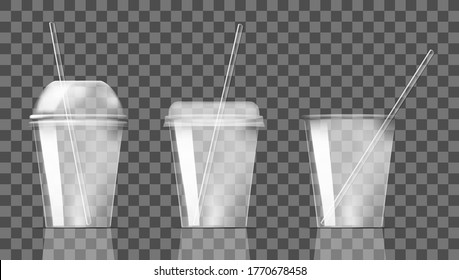 Realistic Transparent Clear Plastic Cup With Cocktail Tube Set. EPS10 Vector