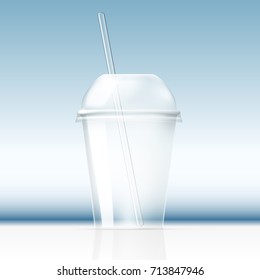 Realistic Transparent Clear Plastic Cup With Cocktail Tube. EPS10 Vector