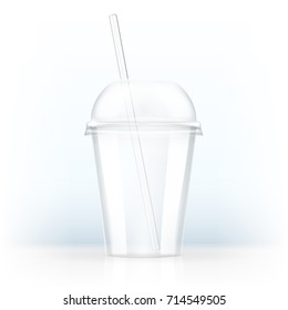 Realistic Transparent Clear Plastic Cup With White Cocktail Tube. EPS10 Vector