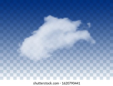 Realistic transparent cloud or blue sky. White vector cloud isolated on a blue transparent background. Vector illustration.