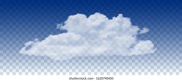 Realistic transparent cloud or blue sky. White vector cloud isolated on a blue transparent background. Vector illustration.