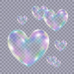 Realistic Transparent Colorful Soap  Bubbles In Form Of The  Heart Isolated On Checkered Background.Symbol Of Love. Design Element For Romantic Valentines Day Card. Vector Texture.